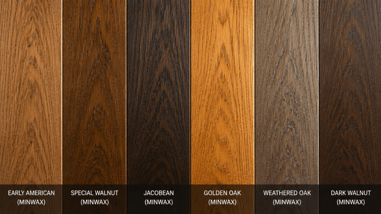 Side by side comparison of different red oak stain colors applied to hardwood flooring samples