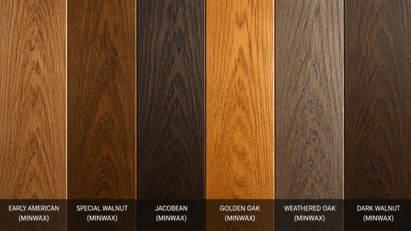 Side by side comparison of different red oak stain colors applied to hardwood flooring samples