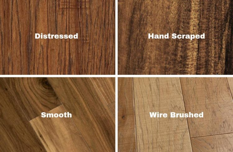 Engineered Hardwood Finish Comparison Alt Text: Side-by-side comparison of smooth, hand-scraped, and wire-brushed engineered hardwood flooring finishes
